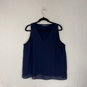 Lauren Ralph Lauren Navy Blue Sleeveless V Neck Chiffon Overlay Tank Top XXL